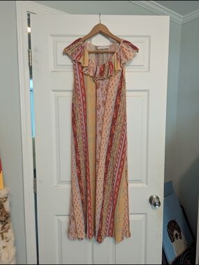 Striped Bohemian Maxi Dress with Ruffle Neckline - Multi-Color